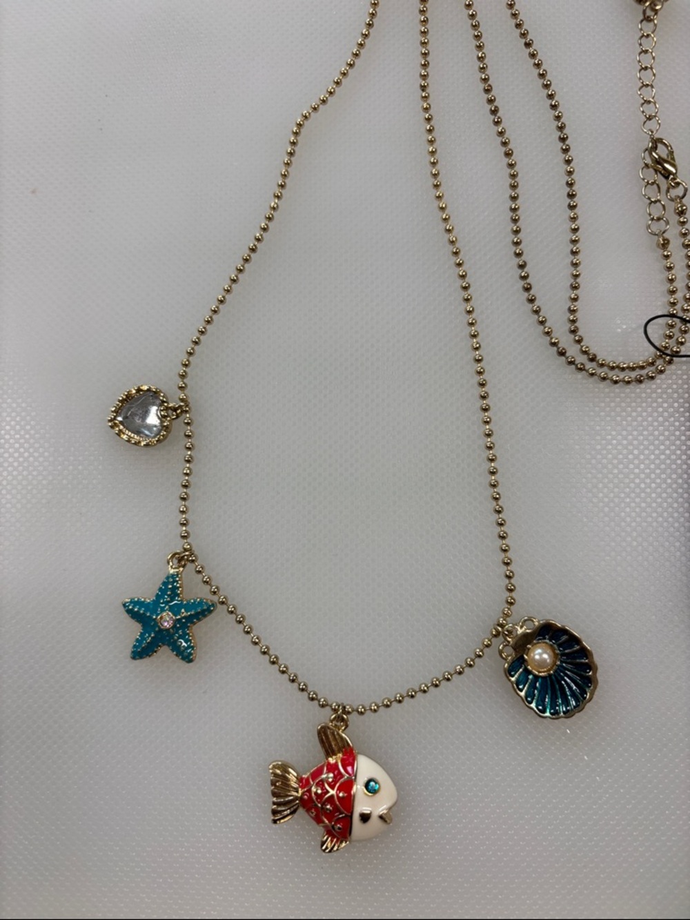 Kids Gold-Tone Ocean Charm Necklace with Red Fish & Teal Star